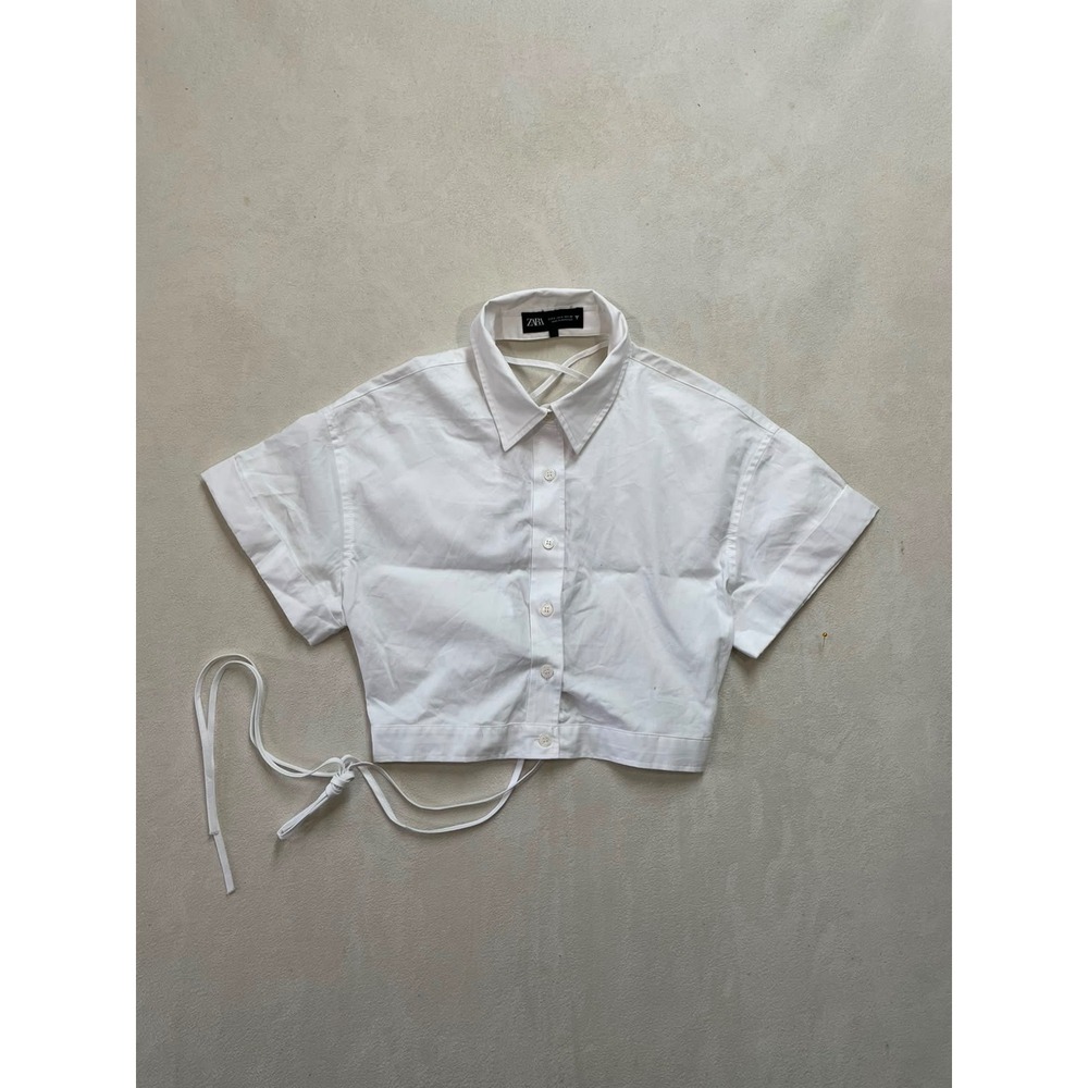 Zara Women White Lace Up Open Back Crop Top Short Sleeve Button Down Shirt Small